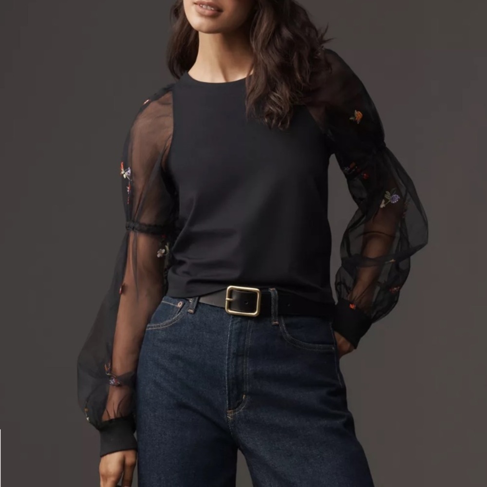 Maeve Embroidered Sheer-Sleeve Blouse NWT - Picture 12 of 12
